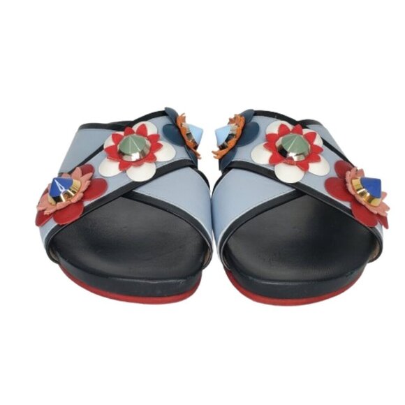 Fendi Flowerland Leather Crisscross Slides Sandals - Picture 3 of 8